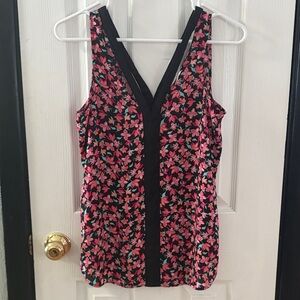 Candie's Pink and Black Floral V-Neck Blouse